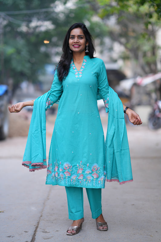 Teal Green Color Jaipur Cotton 3 Piece set With Embroidery Work