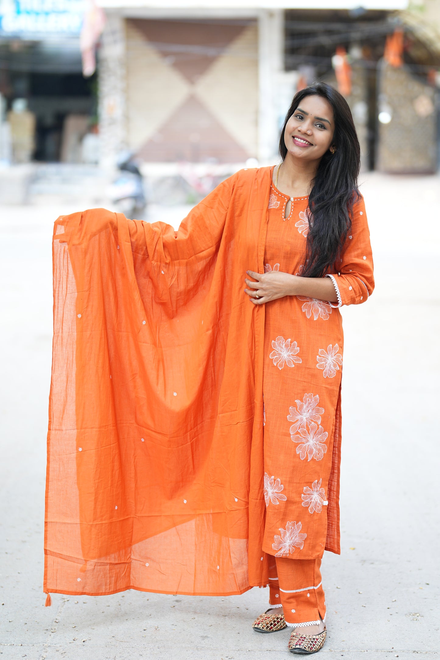 Beautiful Orange Jaipur Slub Cotton 3 Piece Set