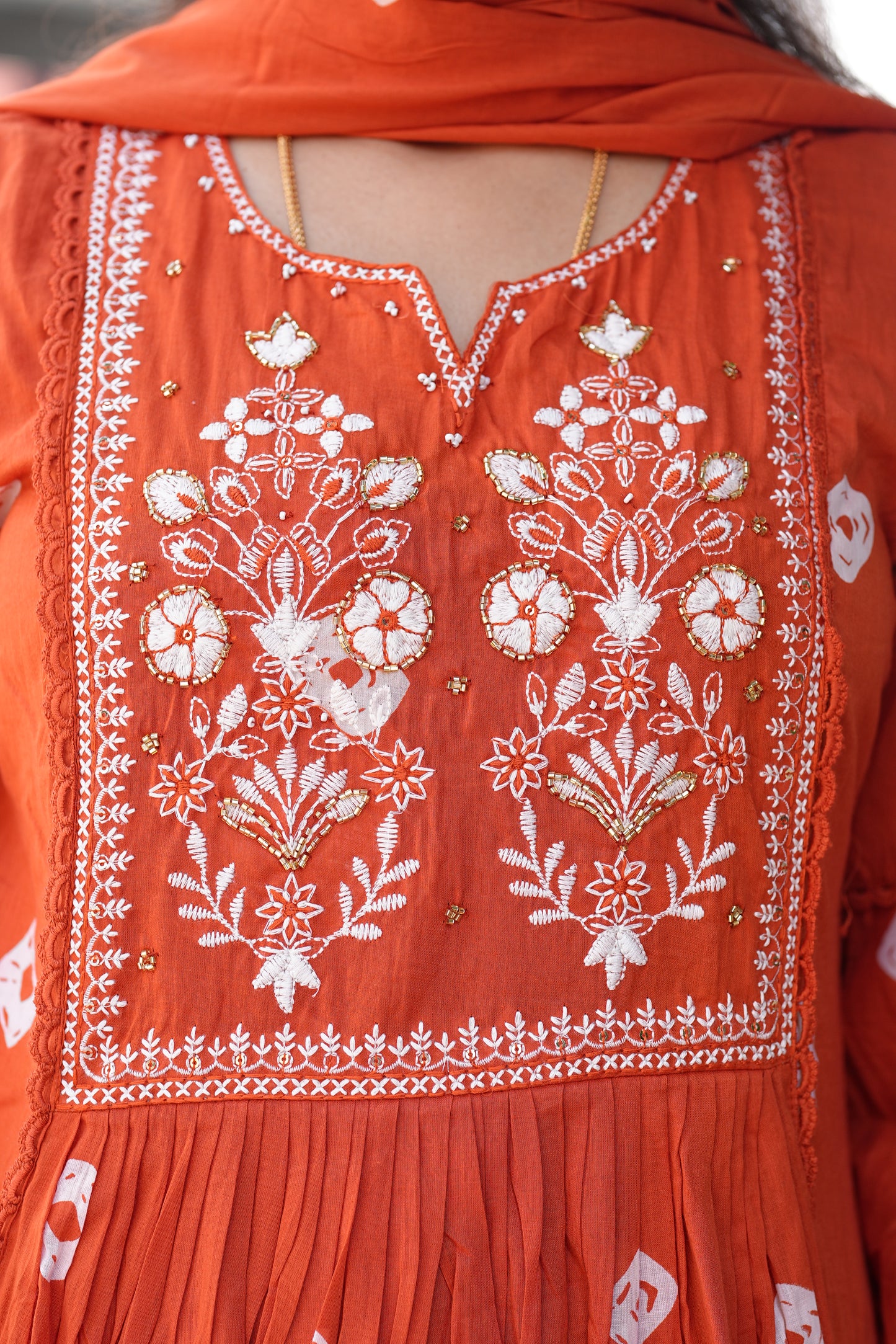 Beautiful Orange Mul Mul Cotton Anarkali Three Piece Set With Complete Lining