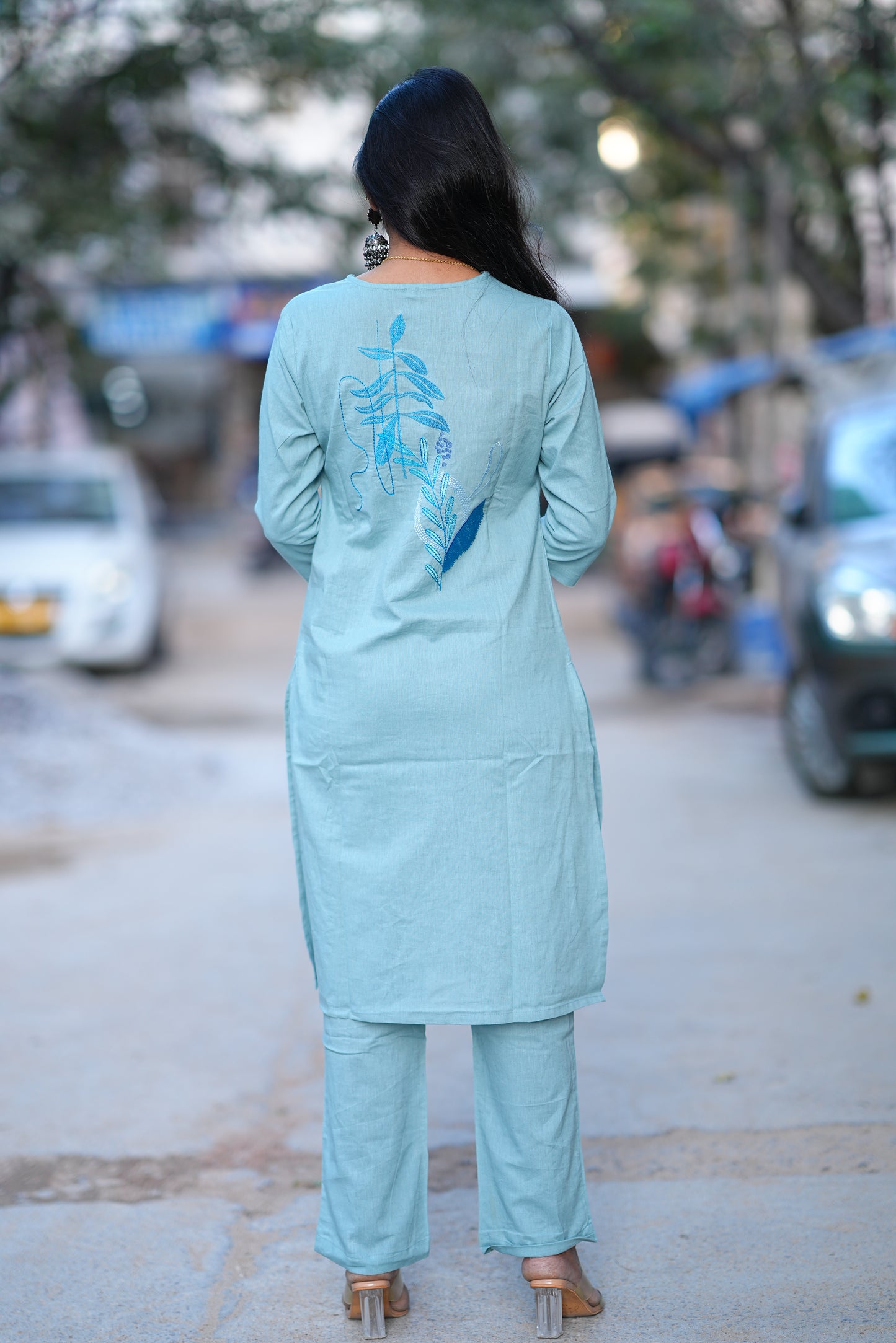 Aqua Blue Premium Office Range Corset With Front and Back Embroidery Work