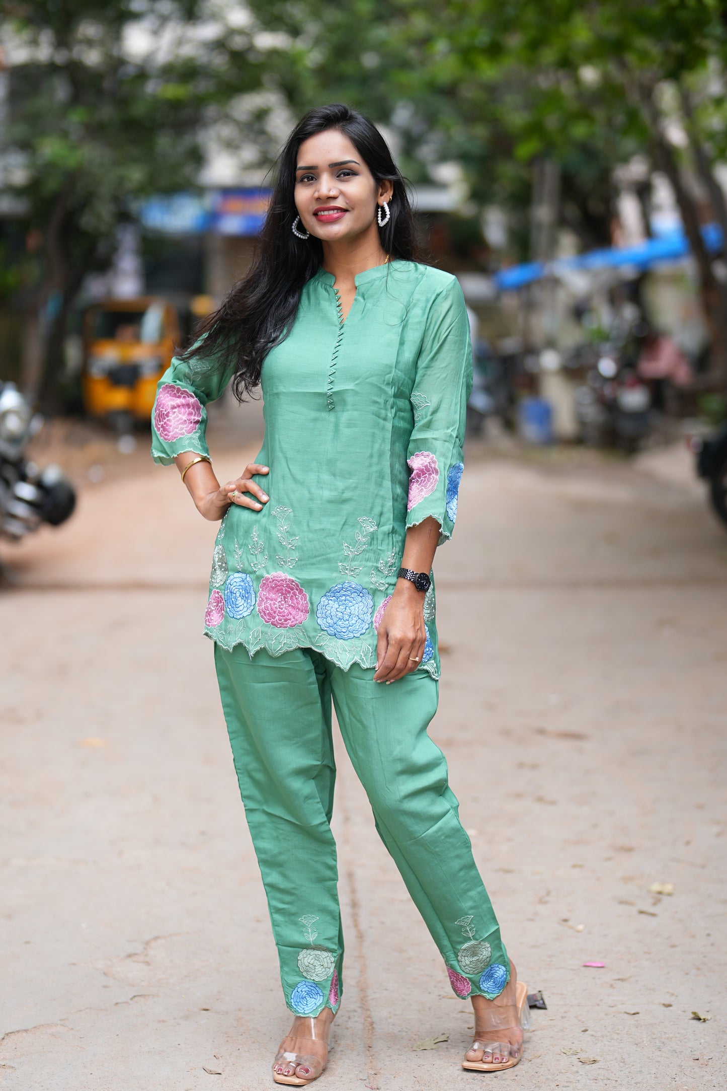 Green Color Designer Wear Mul Chanderi Cord Set