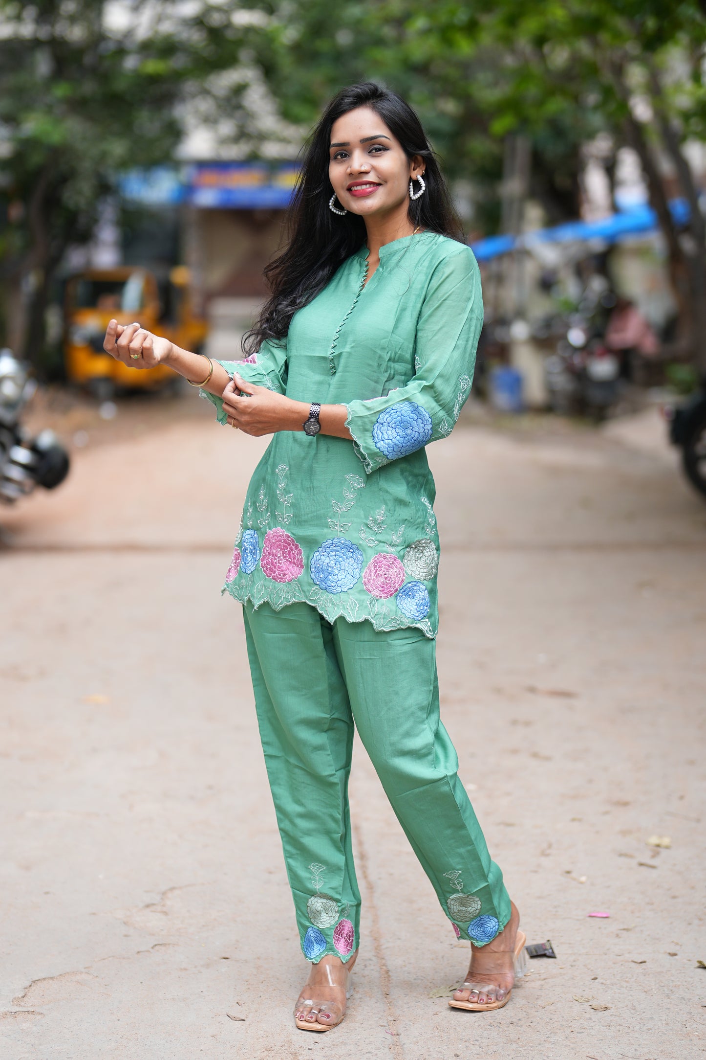 Green Color Designer Wear Mul Chanderi Cord Set