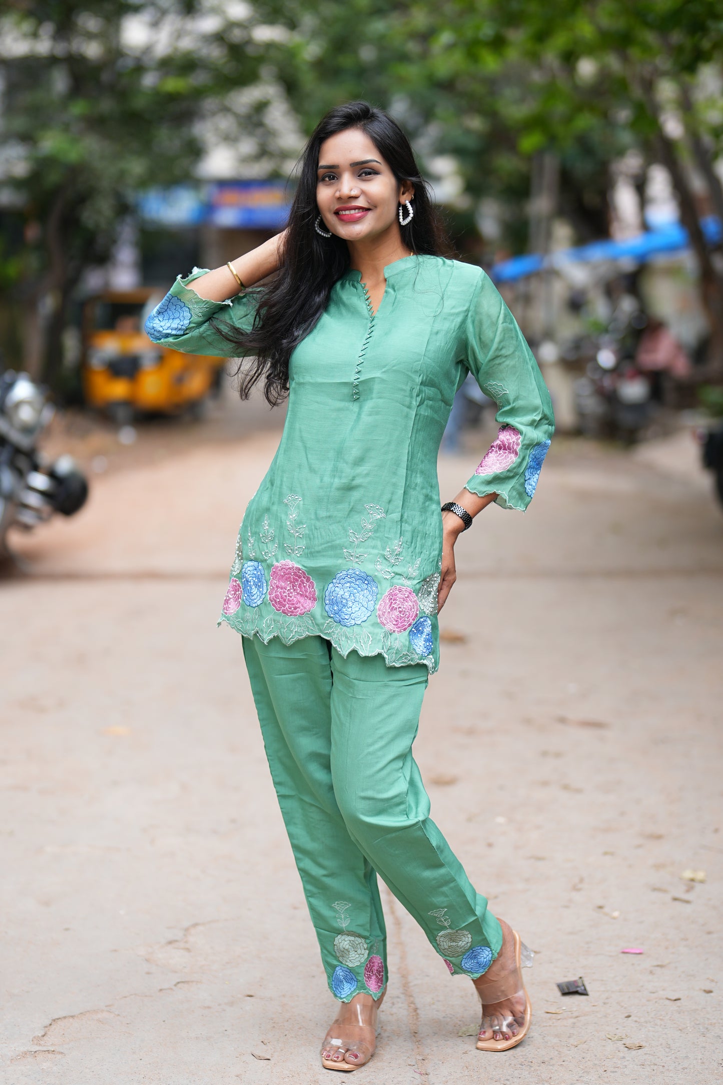 Green Color Designer Wear Mul Chanderi Cord Set