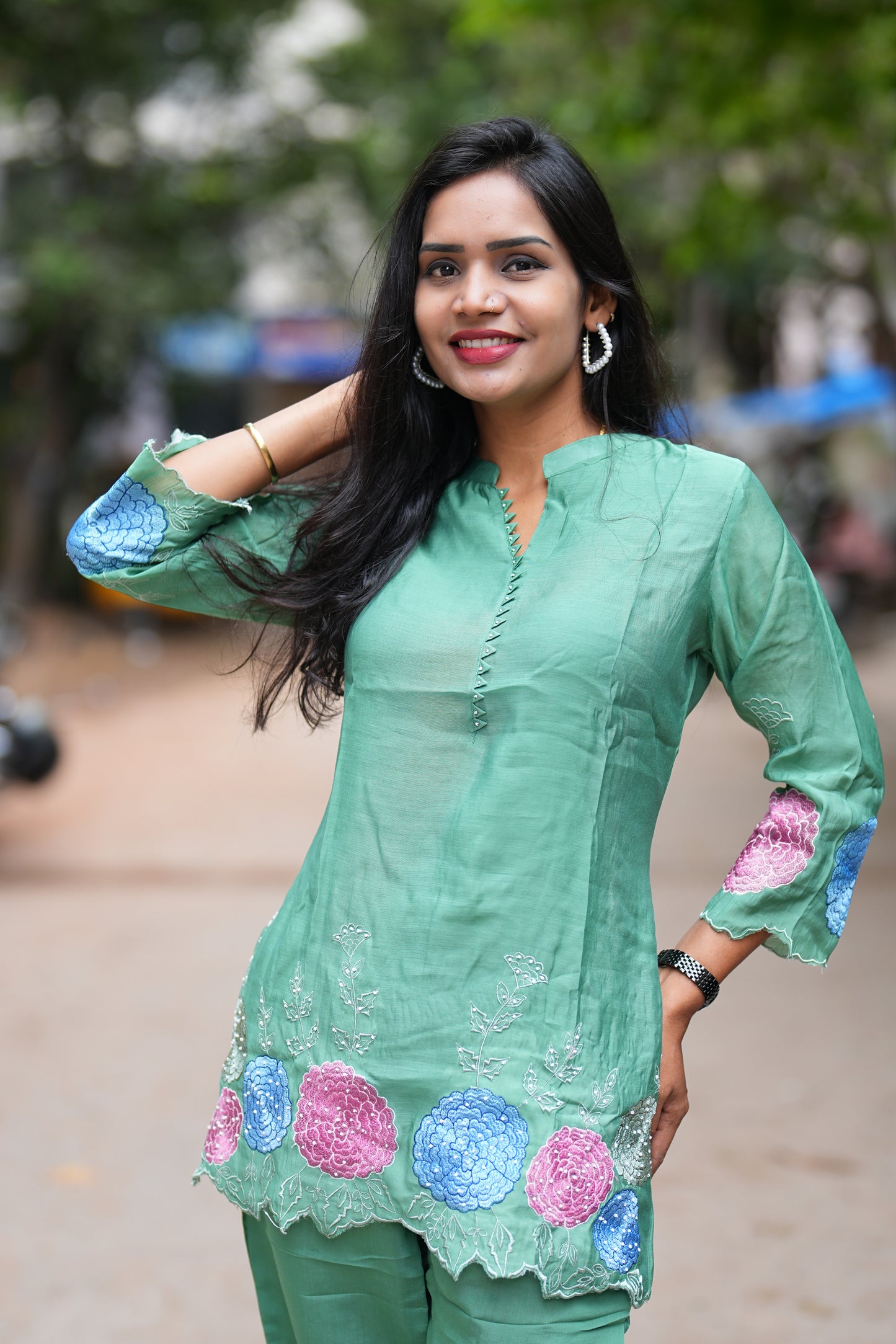 Green Color Designer Wear Mul Chanderi Cord Set
