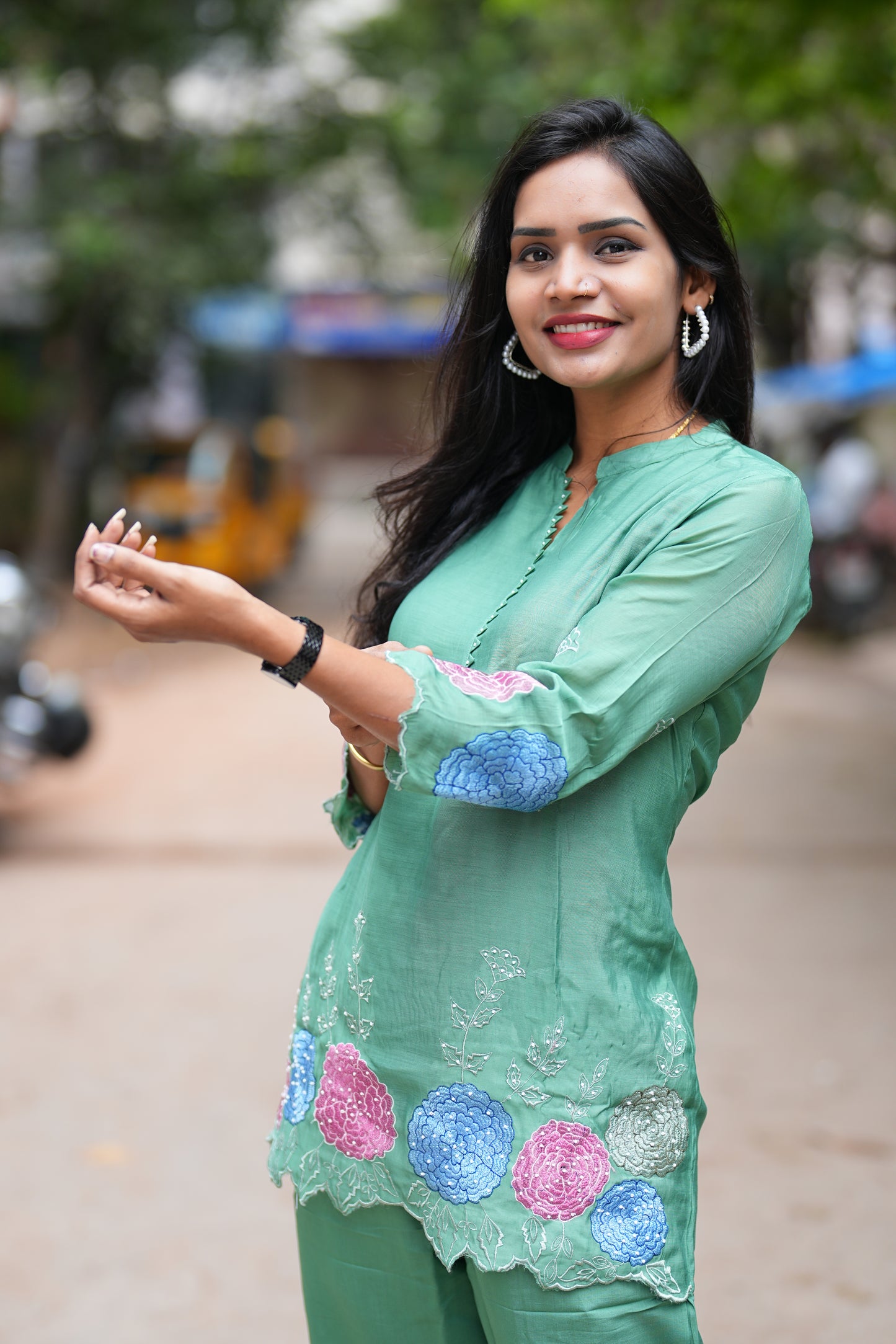 Green Color Designer Wear Mul Chanderi Cord Set