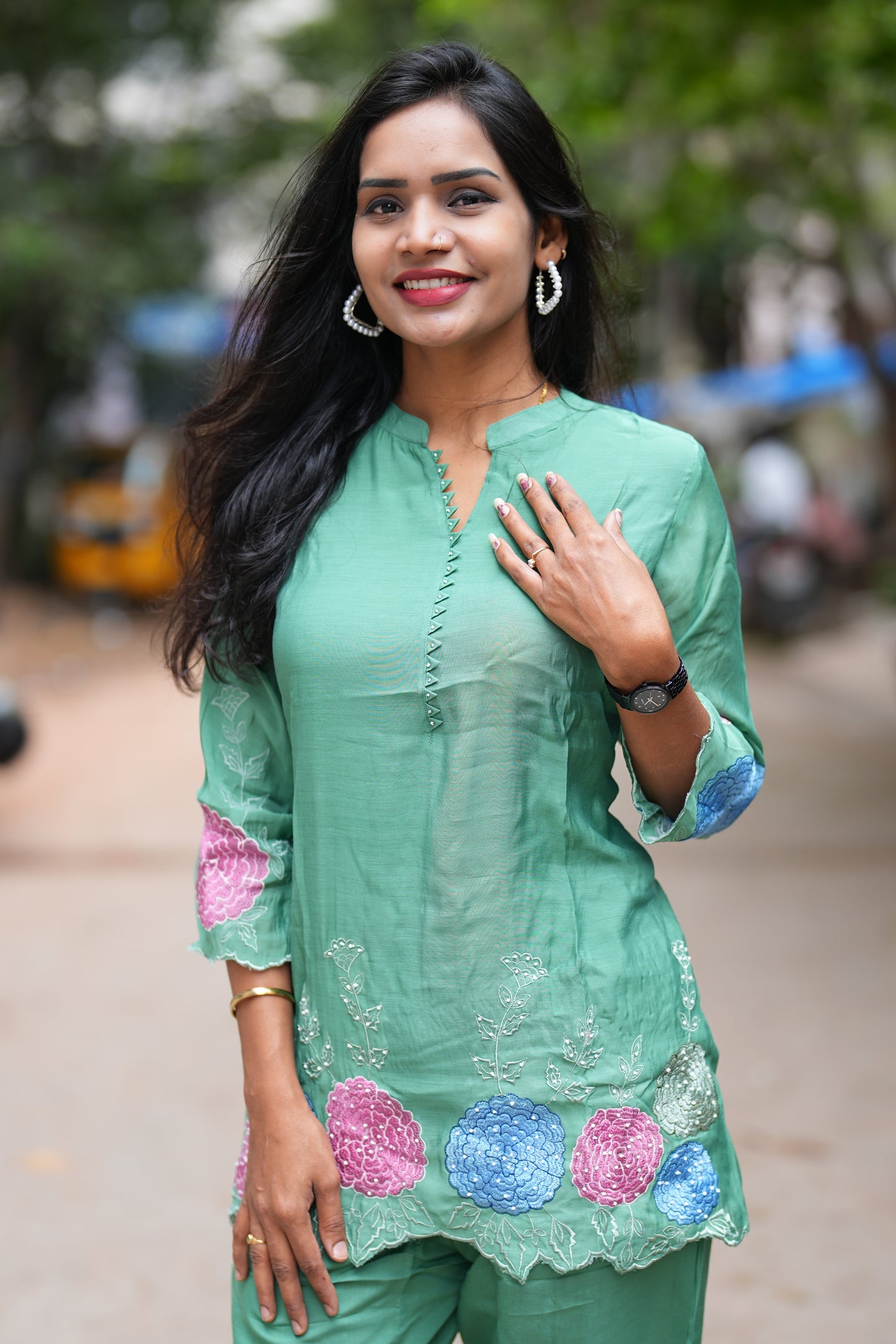 Green Color Designer Wear Mul Chanderi Cord Set
