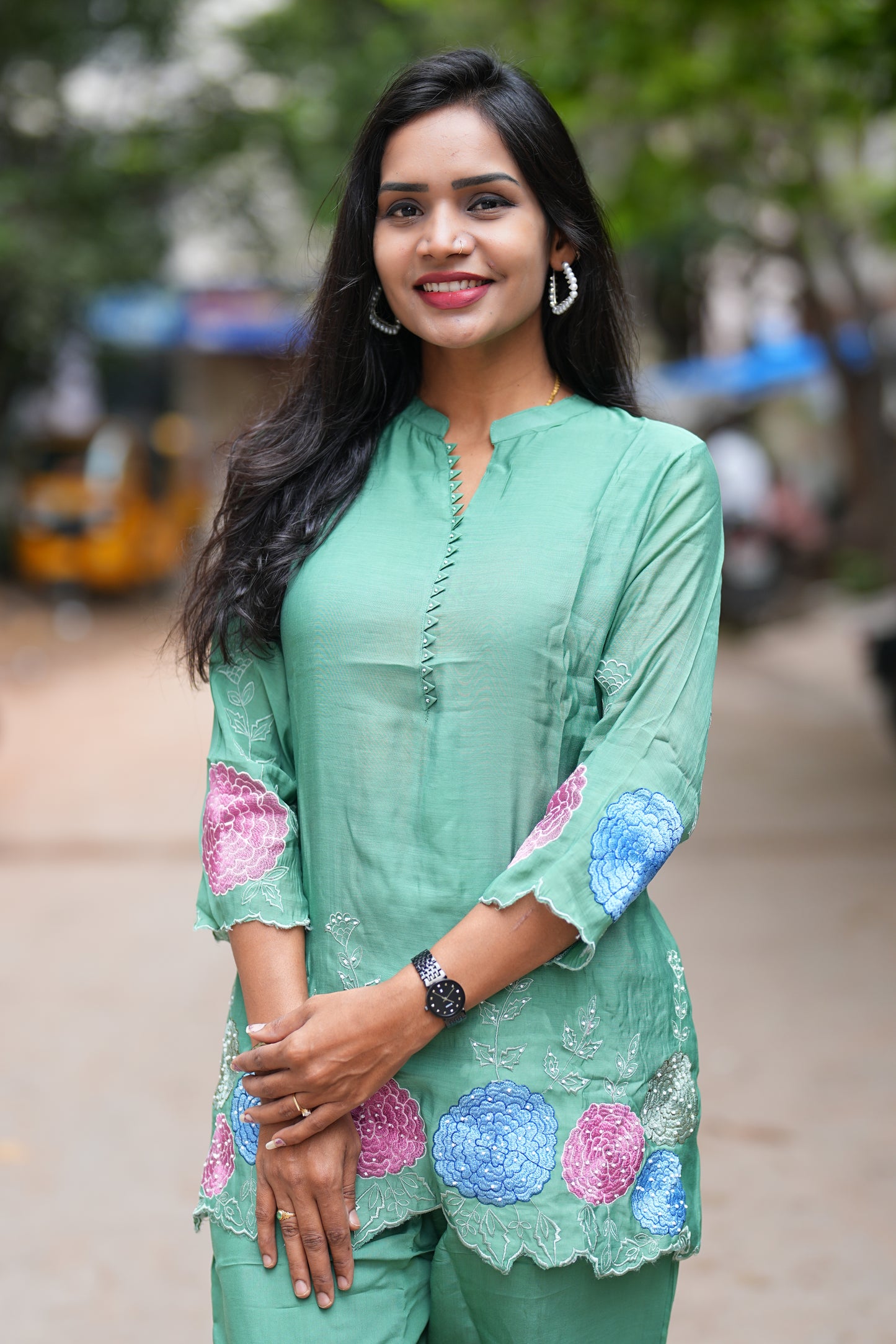Green Color Designer Wear Mul Chanderi Cord Set