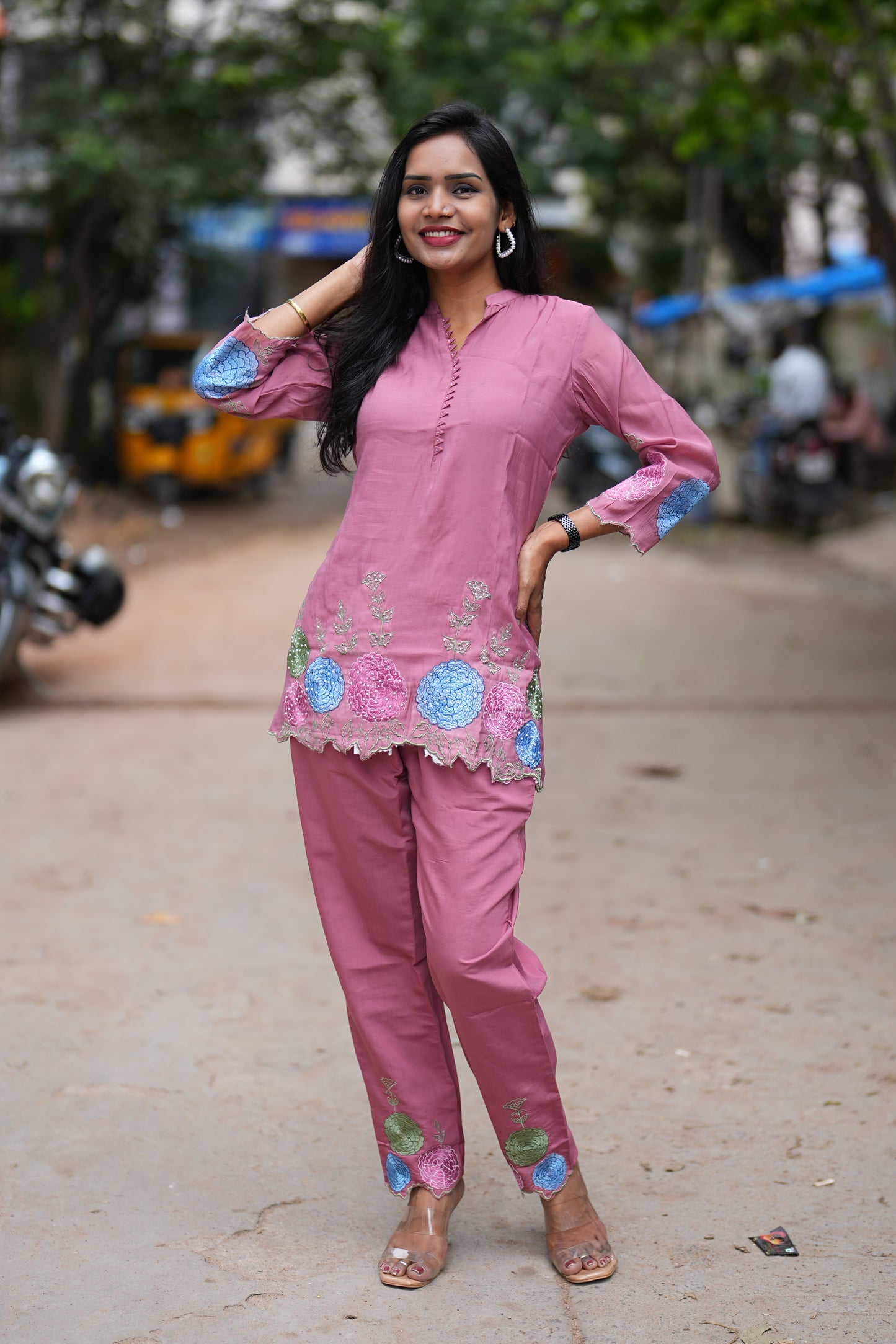 Light Maroon Color Designer Wear Mul Chanderi Cord Set