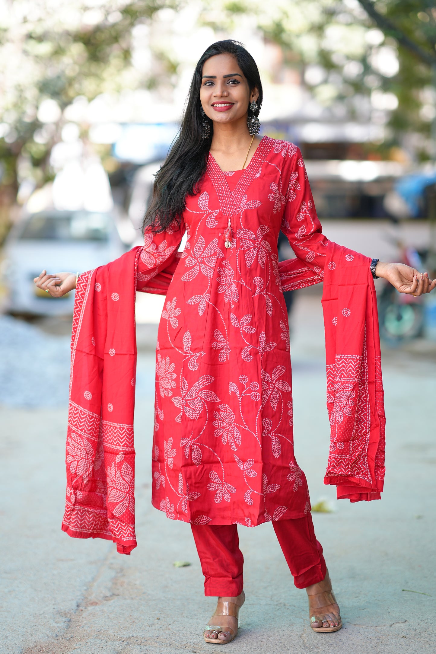 Red Color Pure Viscose Fabric Anarkali 3 Piece Set