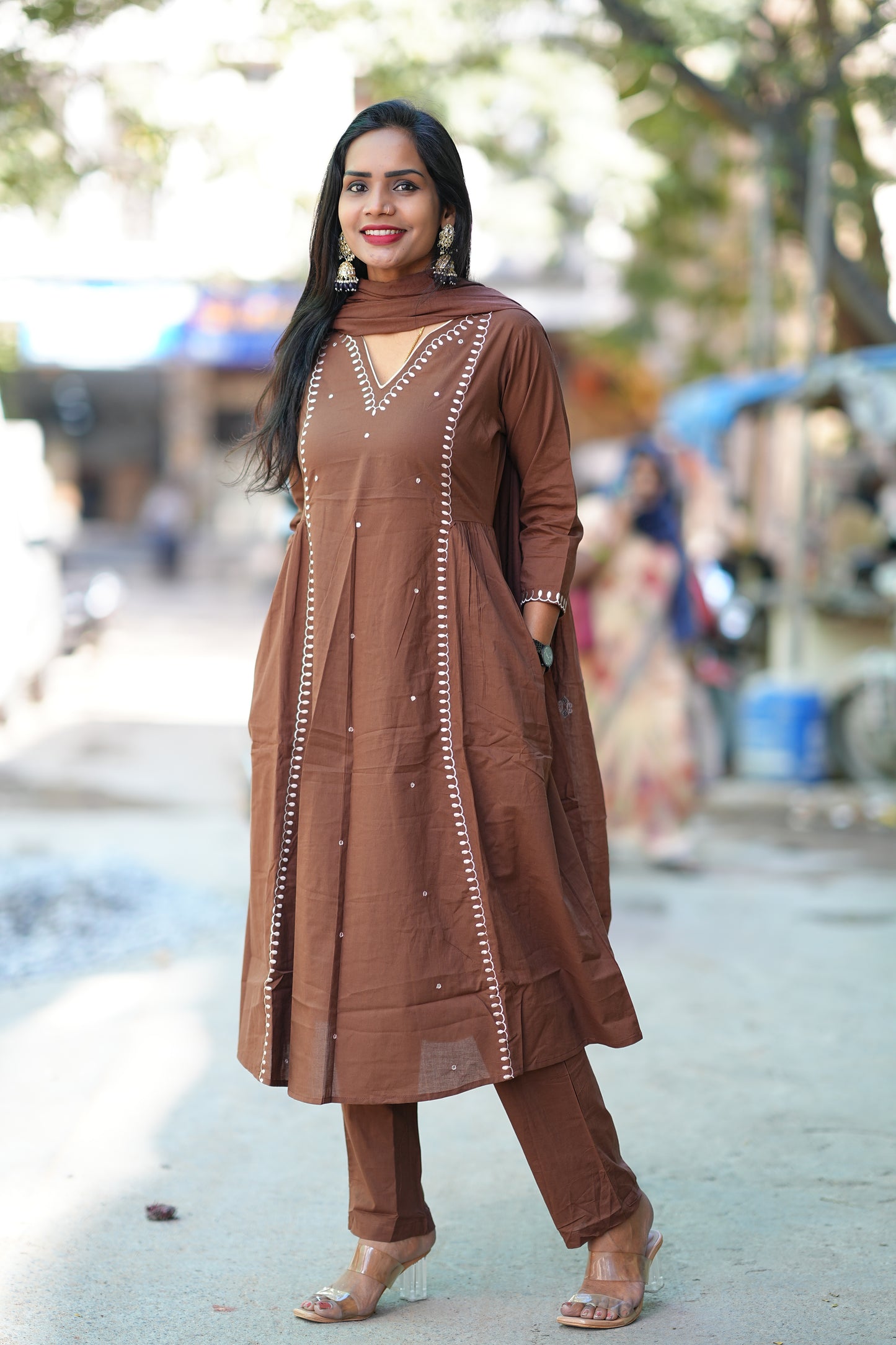 Light Brown Color Pure 92.5 thread Count Jaipur Cotton Anarkali 3 Piece Set