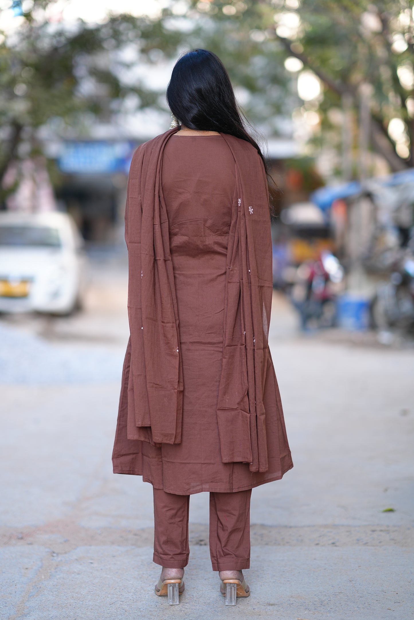Brown Color Anarkali 3 Piece Set in 92.5 Jaipur Cotton With applique Work