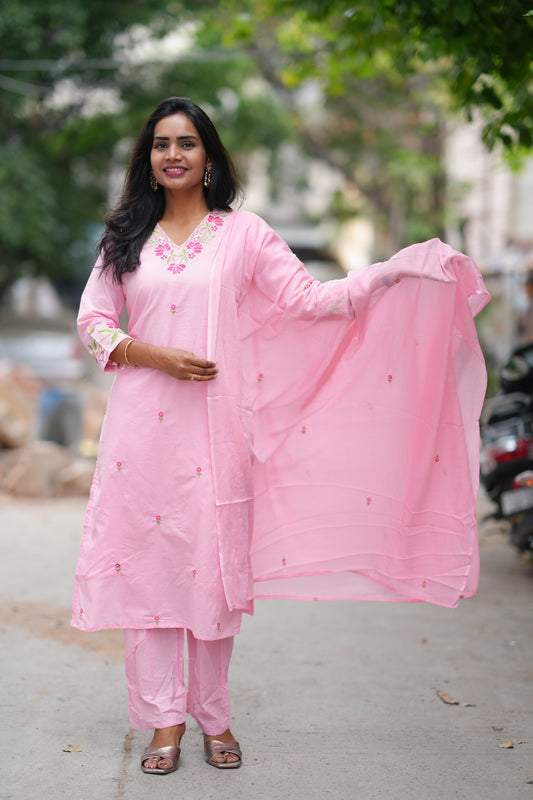 Pink Color Jaipur Cotton 3 Piece Set With Embroidery Work and Complete Lining