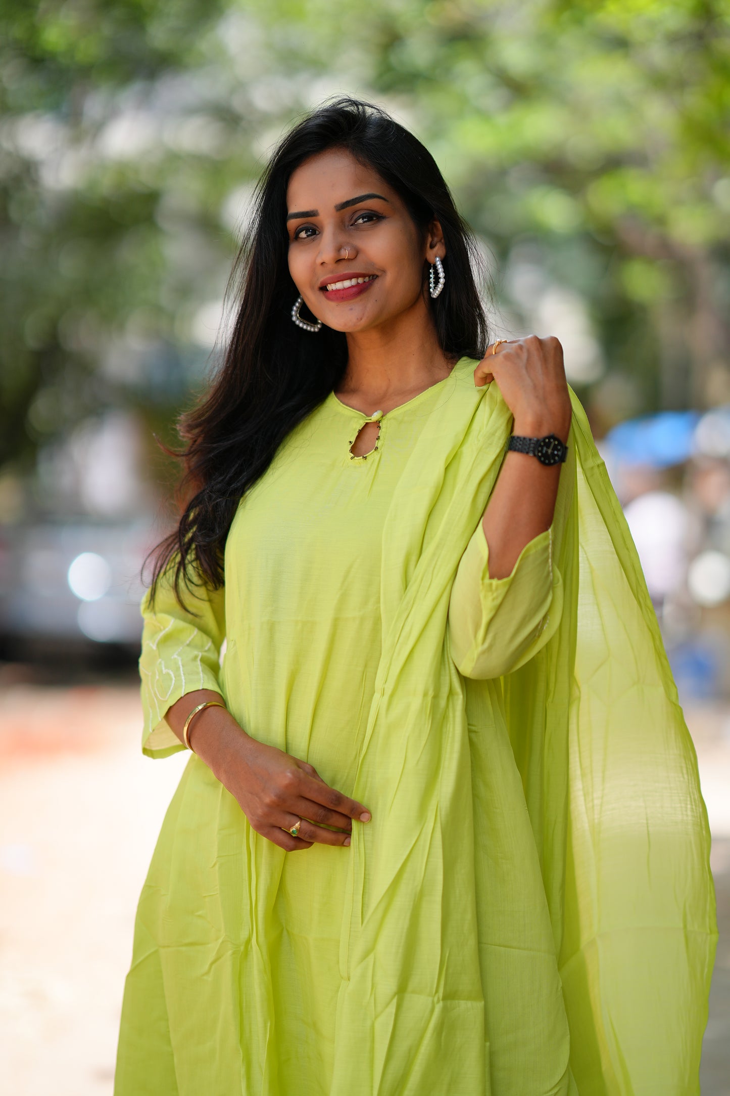 Parrot Green Colour Mul Chanderi 3 Piece Set With Complete Lining