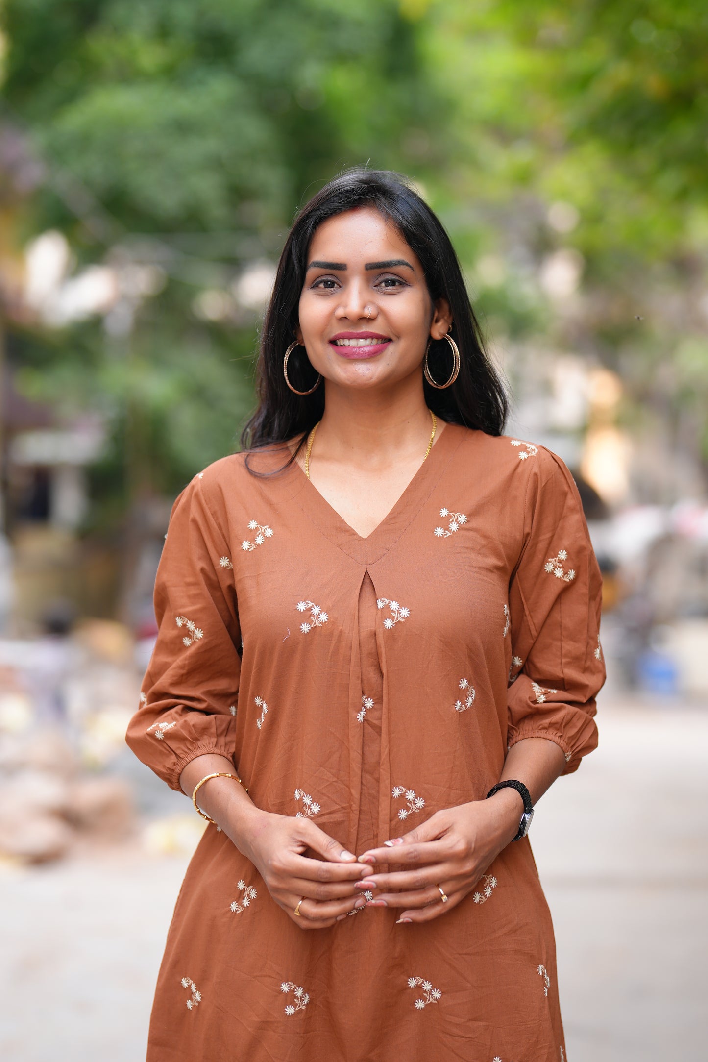 Brown Color Jaipuri Cotton frock With Embroidery Work
