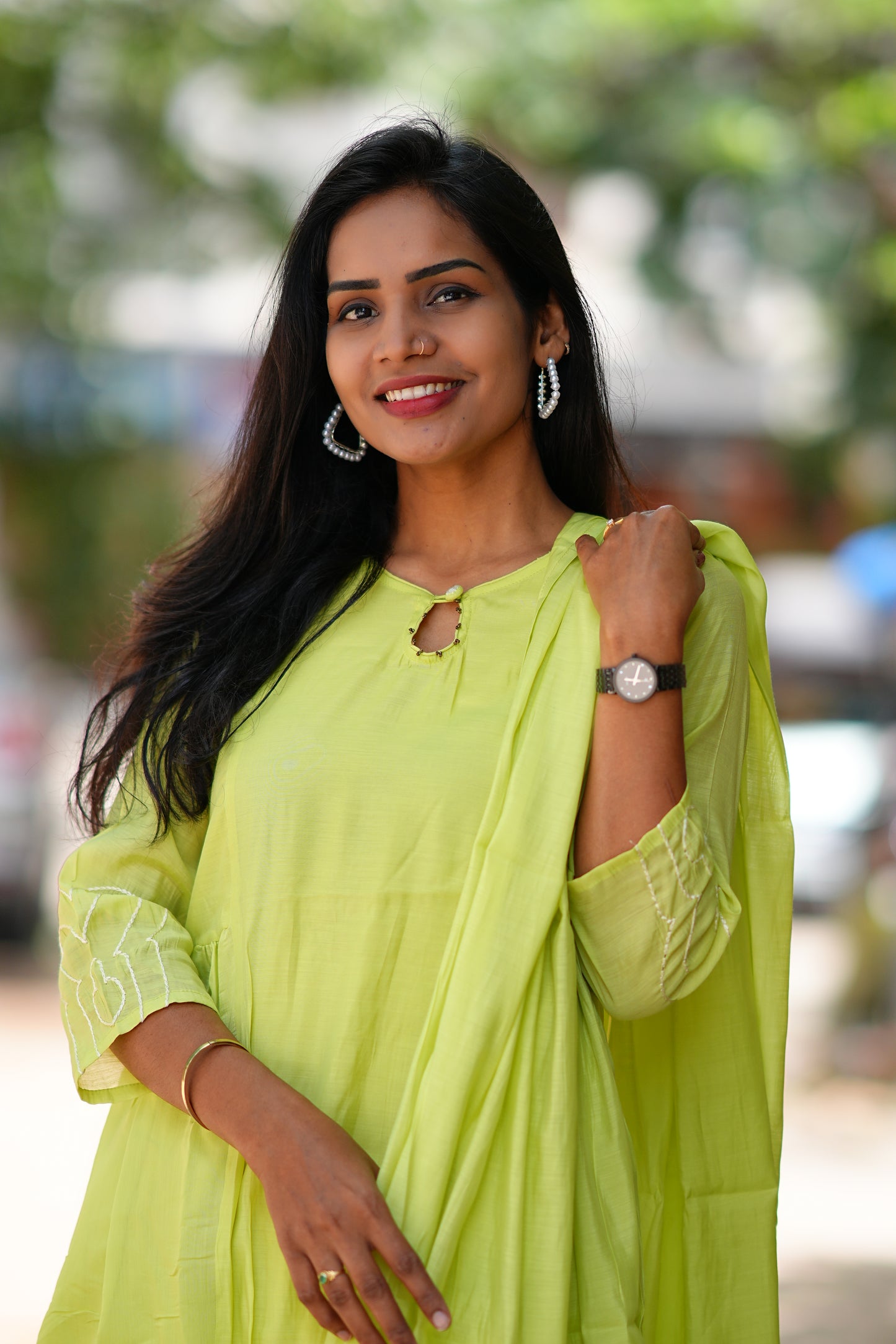 Parrot Green Colour Mul Chanderi 3 Piece Set With Complete Lining