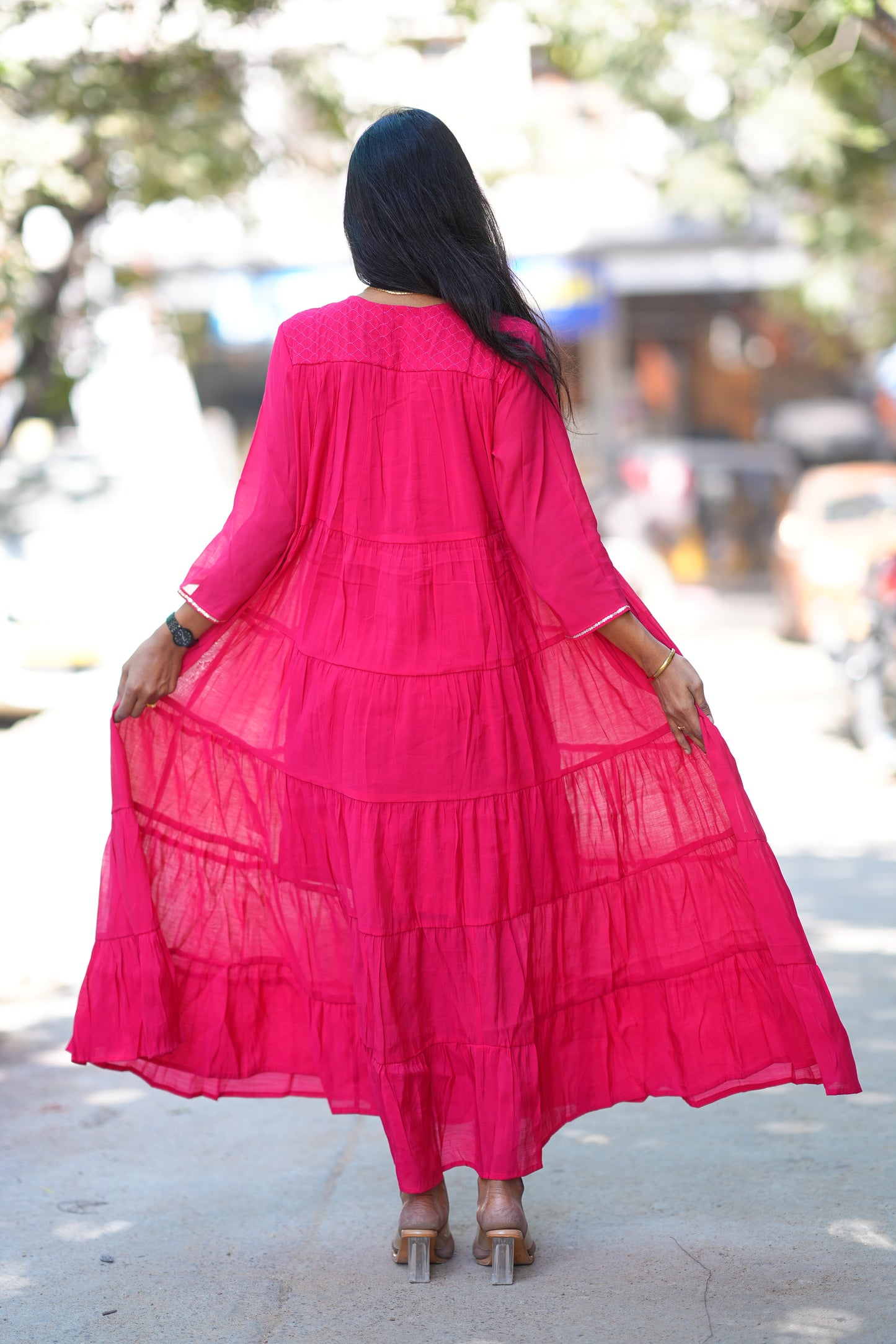 Pink Color Premium Mul Chanderi Frock With Lining