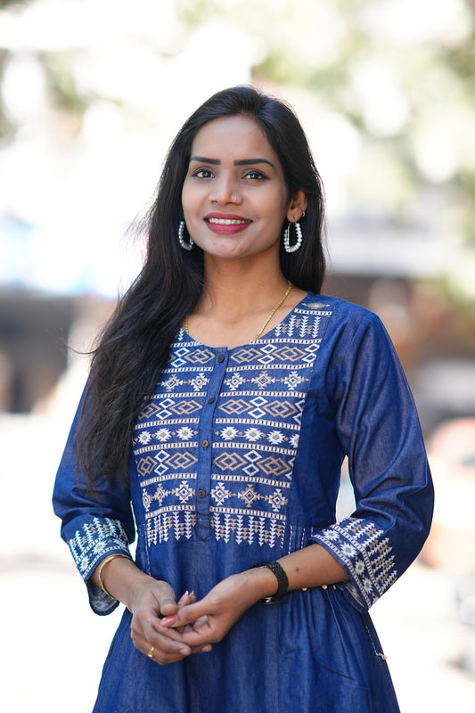 Designer Wear Denim Frock With Embroidery Work