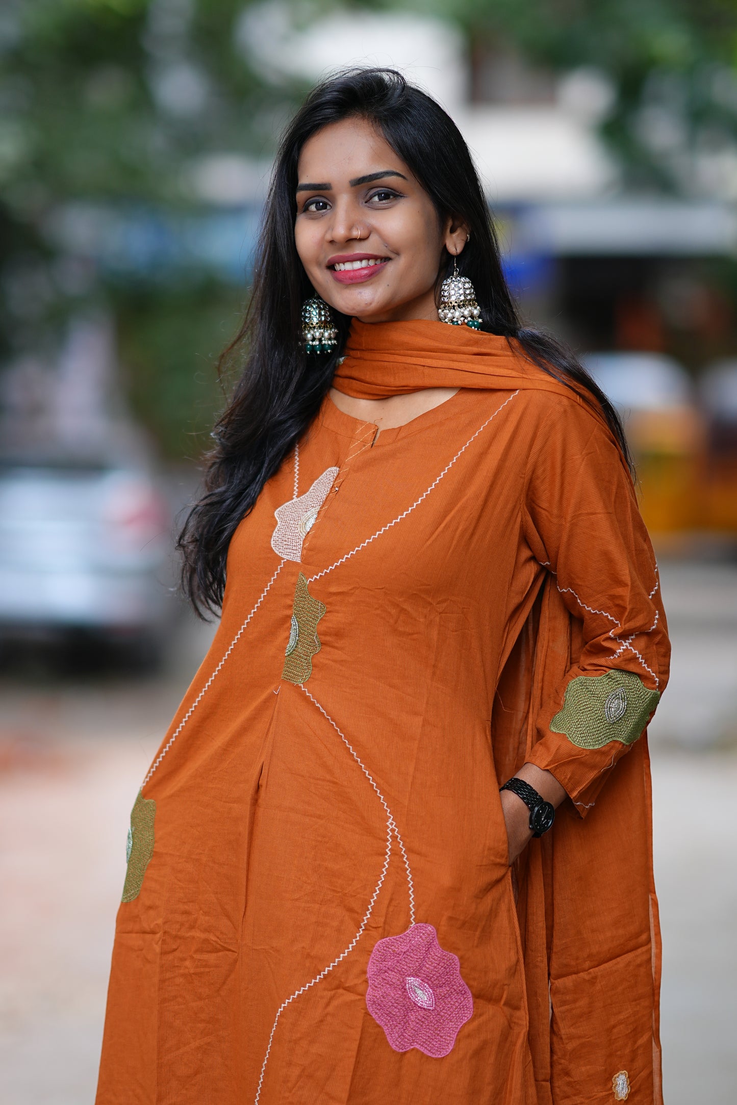 Rust Orange Jaipur Cotton 3 Piece Set with Thread work