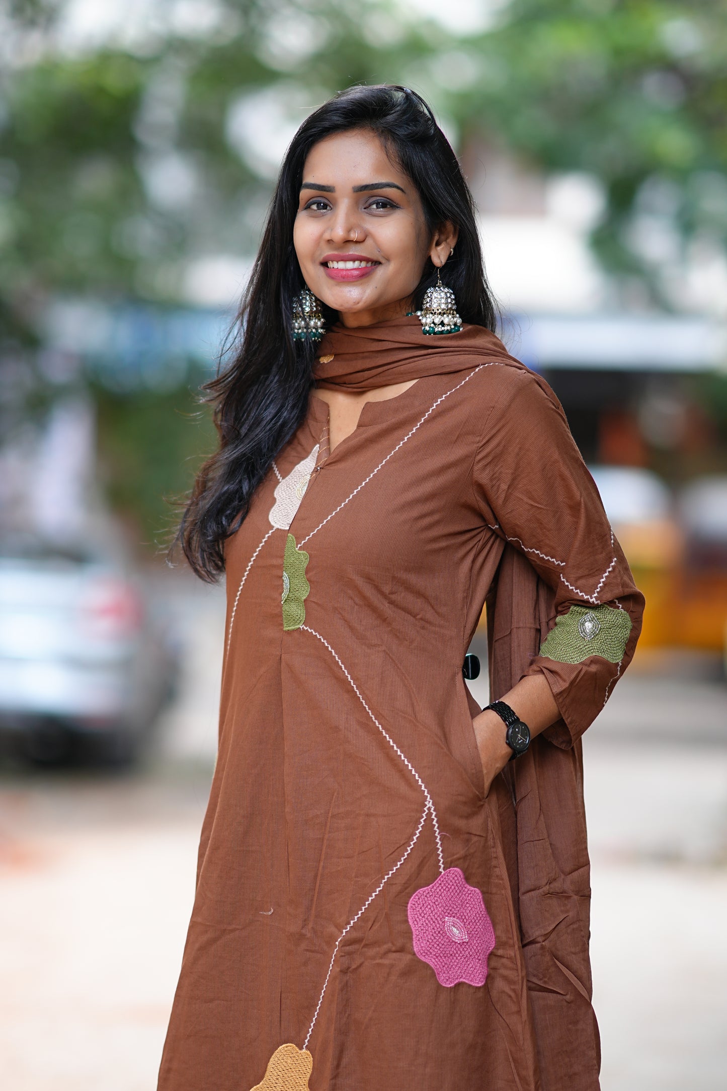 Chocolate Brown Jaipuri Cotton 3 Piece Set with Thread Embroidery work