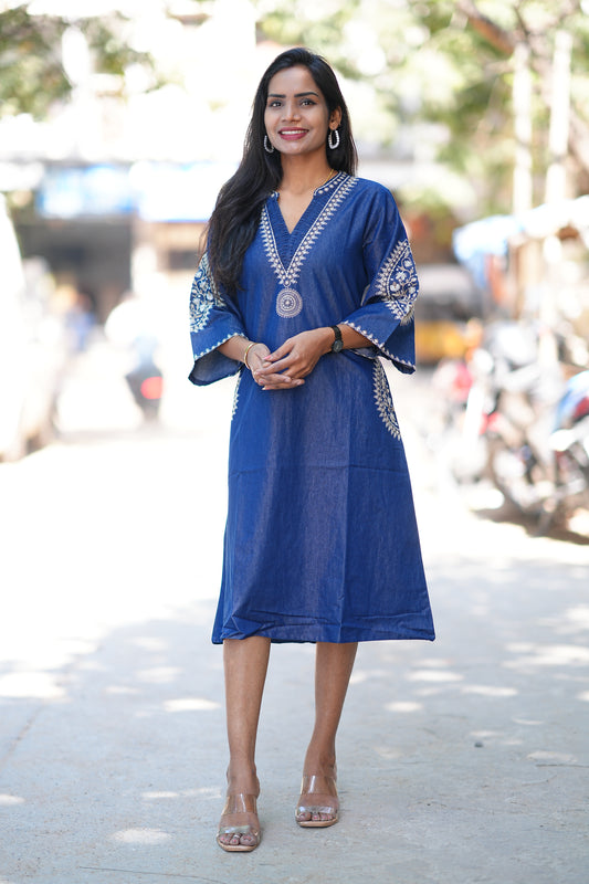 Designer Denim Frock With Embroidery Work