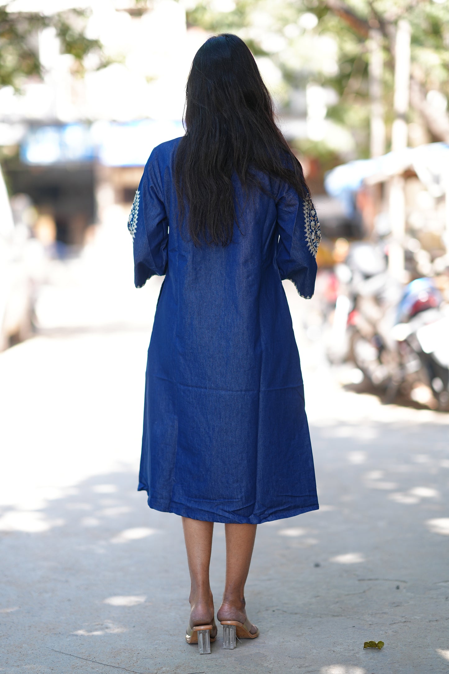 Designer Denim Frock With Embroidery Work