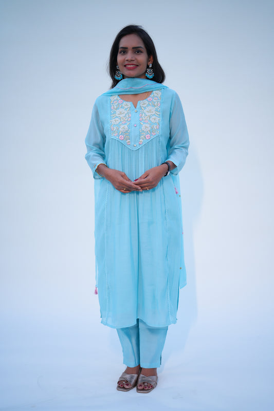 Aqua Green Viscose Fabric Party Wear 3 Piece Set With Kota Duppata and Complete Lining