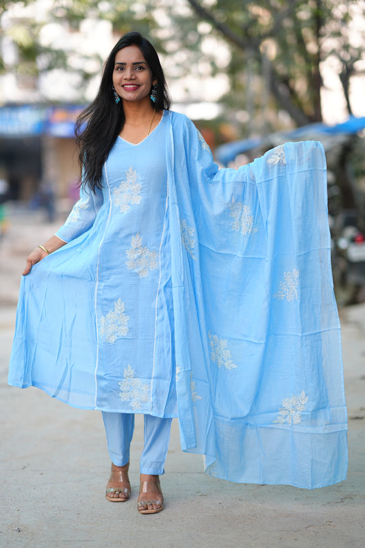 Powder Blue Color Premium Mul Chanderi Festive 3-Piece Embroidered Set with Full Lining