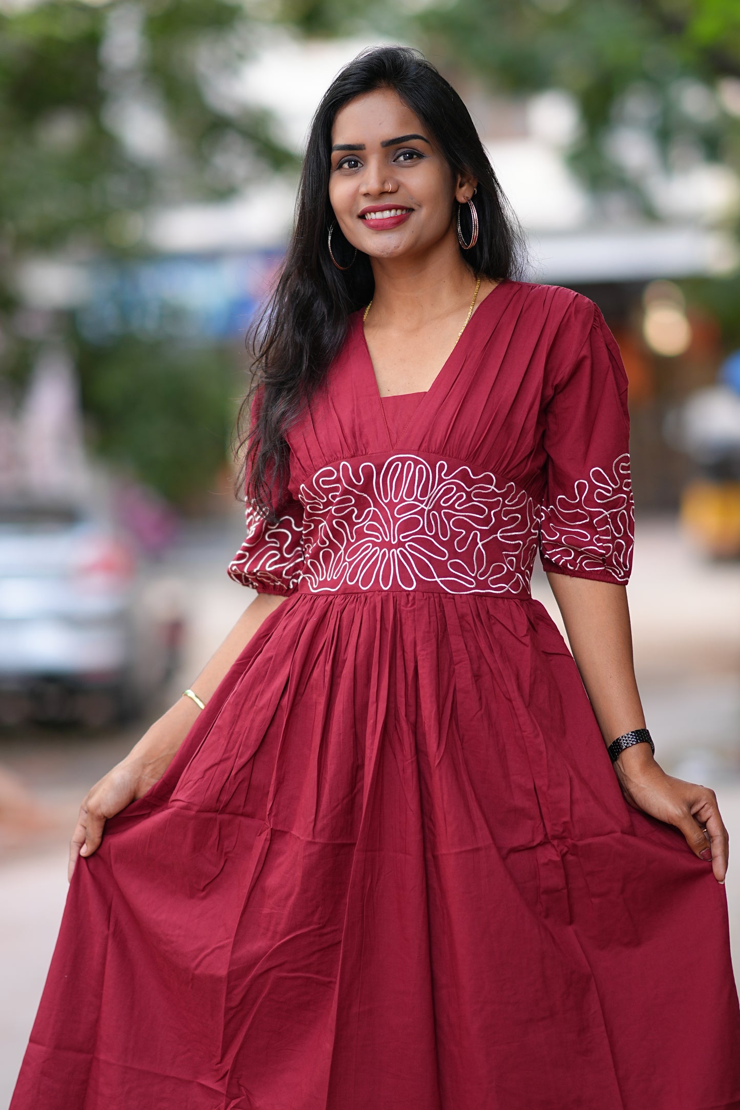 Maroon Color Designer Frock in Cotton