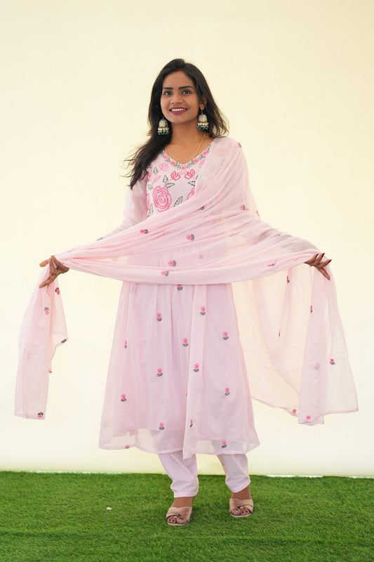 Pink Color Mul Cotton 3 Piece Set with Complete Lining and embroidery Work