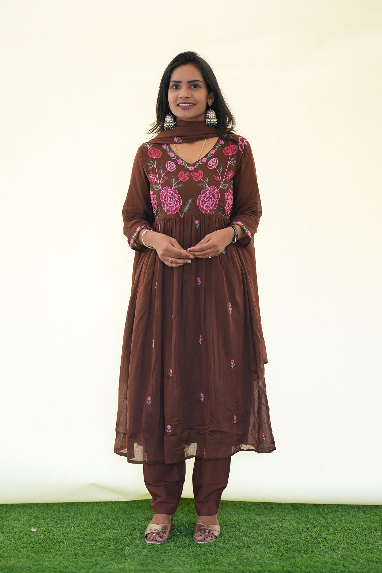 Brown Color Mul Cotton 3 Piece Set with Complete Lining and embroidery Work