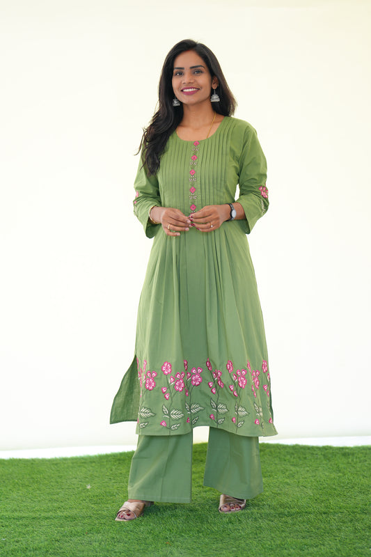 Green Color Jaipur Cotton Office Wear Cordset With embripodary Work