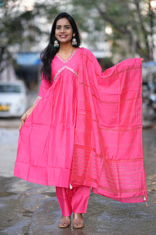 Pink color Festive Wear Anarkali 3 Piece Set