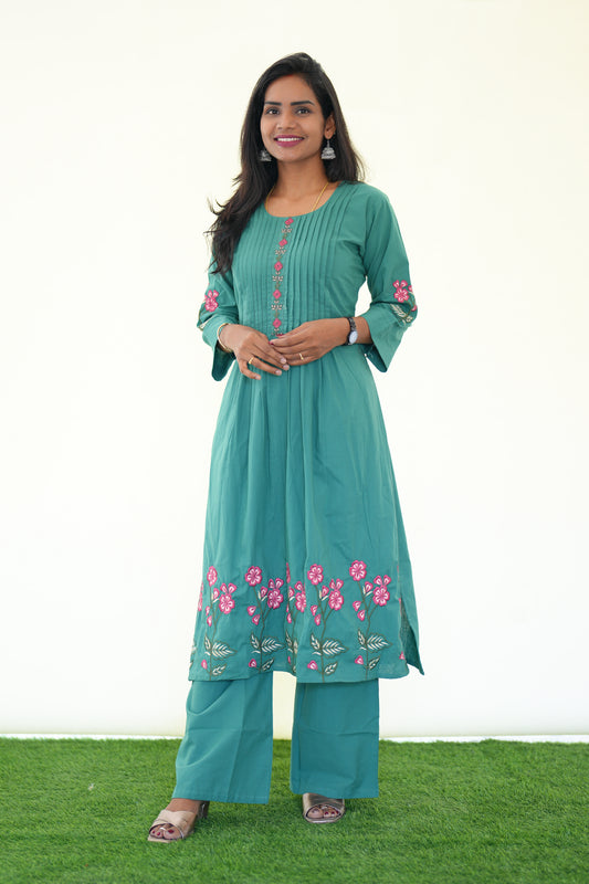 Teal Green Color Jaipur Cotton office wear cord set with Embroidery work