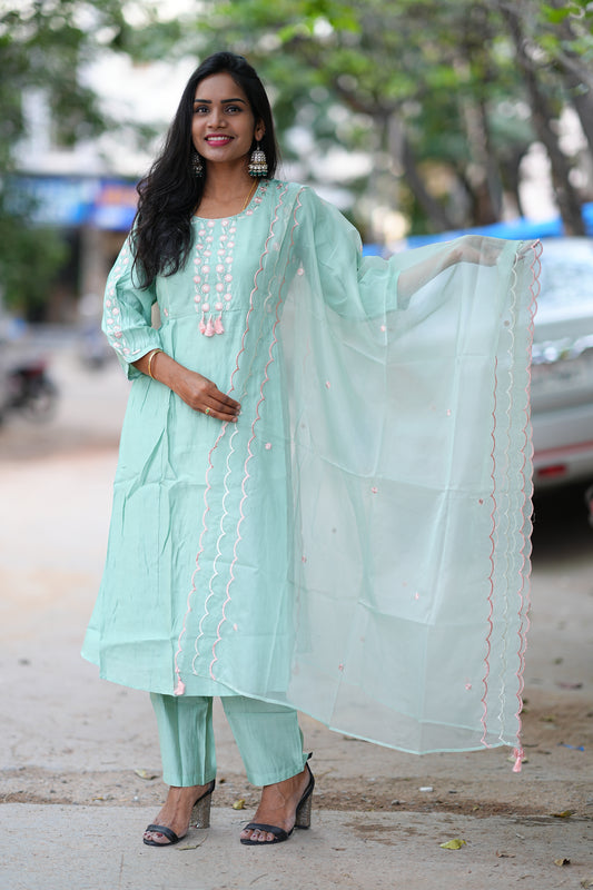 Pistachio Colored Party Wear 3 Piece Set