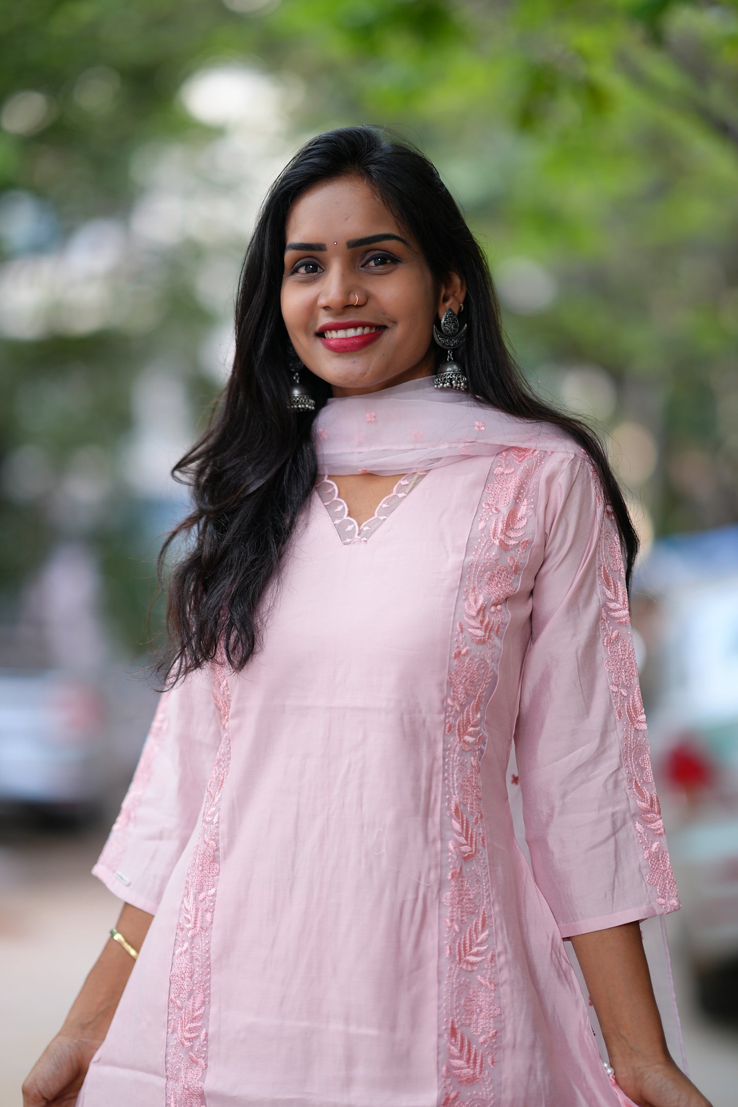 Light Peach Color Designer Wear 3 Piece Set in Viscose Fabric
