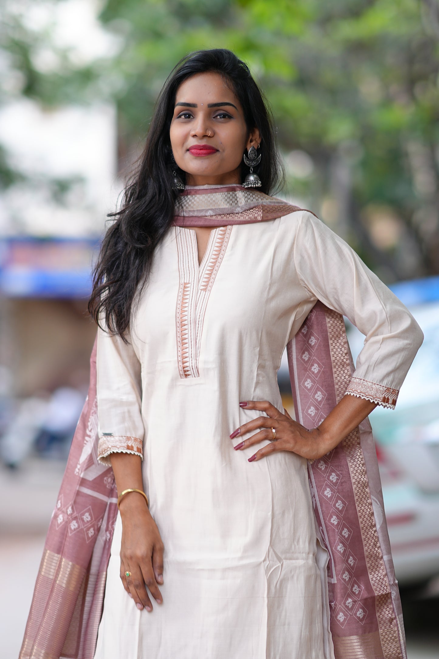 Chikoo Color Festival Wear 3 Piece Set With Contrast Duppata