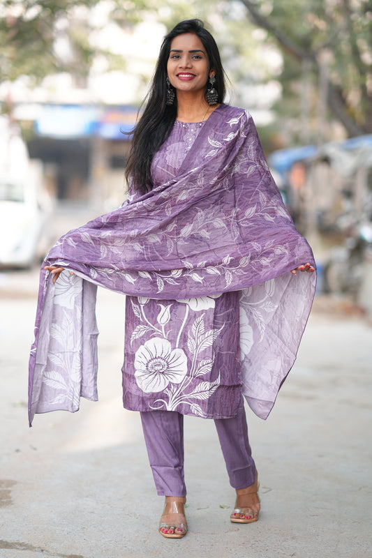 Purple Color Pure Crape Festive Wear 3 Piece Set