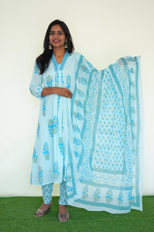 sky blue Color Mul Cotton 3 Piece Set With Sea Blue color Block Print and Complete Lining
