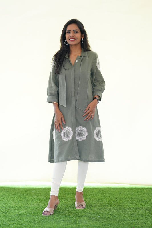Olive Green Jaipur Cotton Stylish Frock With Embroidery Work and Neck Band