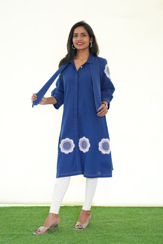 Blue Color Jaipur Cotton Stylish Frock With Embroidery Work and Neck Band