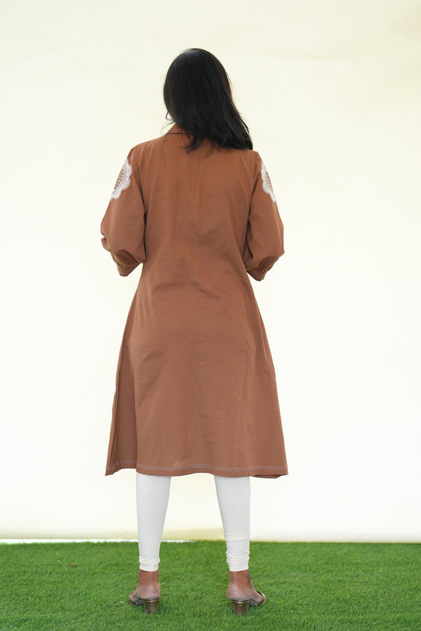 Brown Color Jaipur Cotton Stylish Frock With Embroidery Work and Neck Band