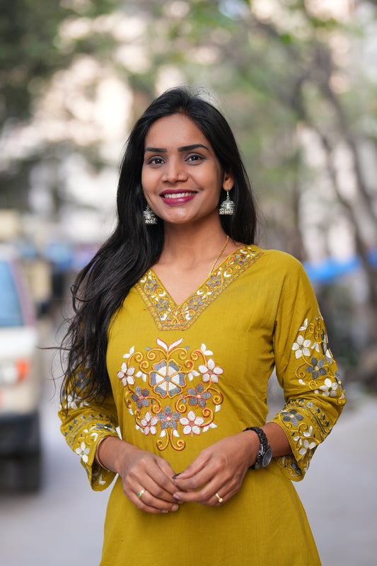 Yellow color Jaipur Cotton cordset with Embriodary work