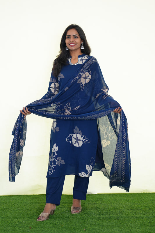 Blue Color Jaipur Cotton Stylish 3 Piece Set With Lining