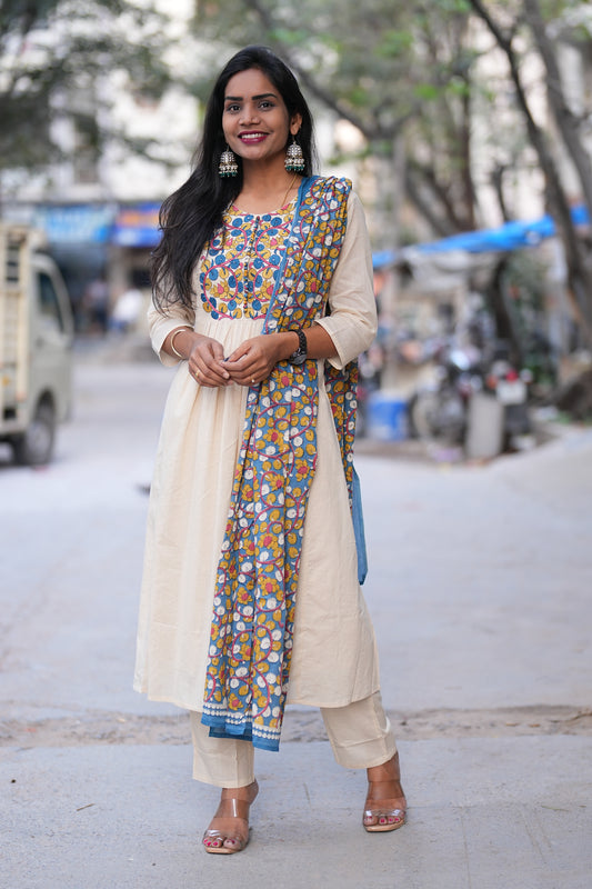 Beige Color Mul Cotton A Line 3 Piece Set With Contrast Dupatta