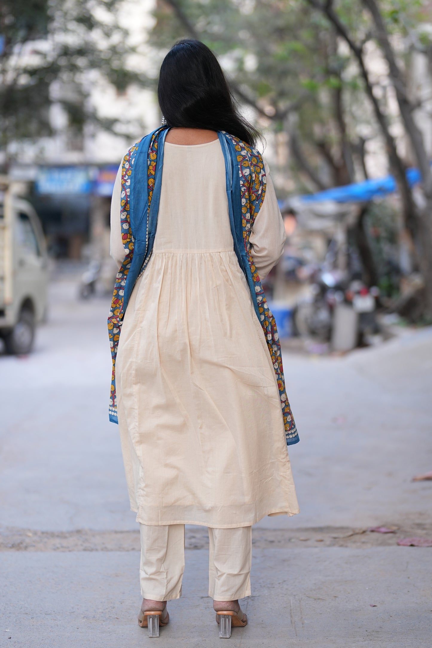 Beige Color Mul Cotton A Line 3 Piece Set With Contrast Dupatta