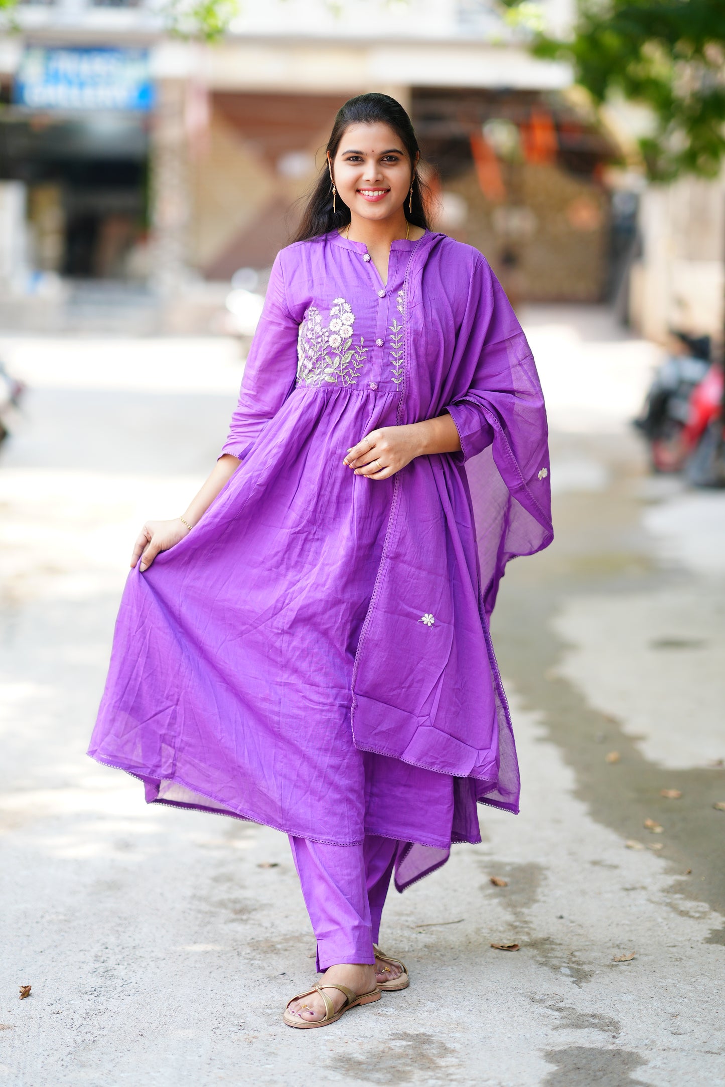 Pure Mul Mul Cotton Purple Color Anarkali 3 Piece Set