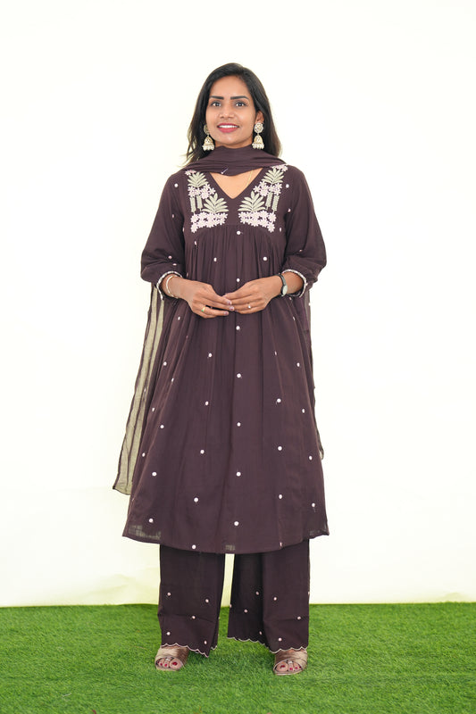 Brown Color Jaipur Slub Cotton 3 Piece Set With Plzaao Pant and Complete Lining