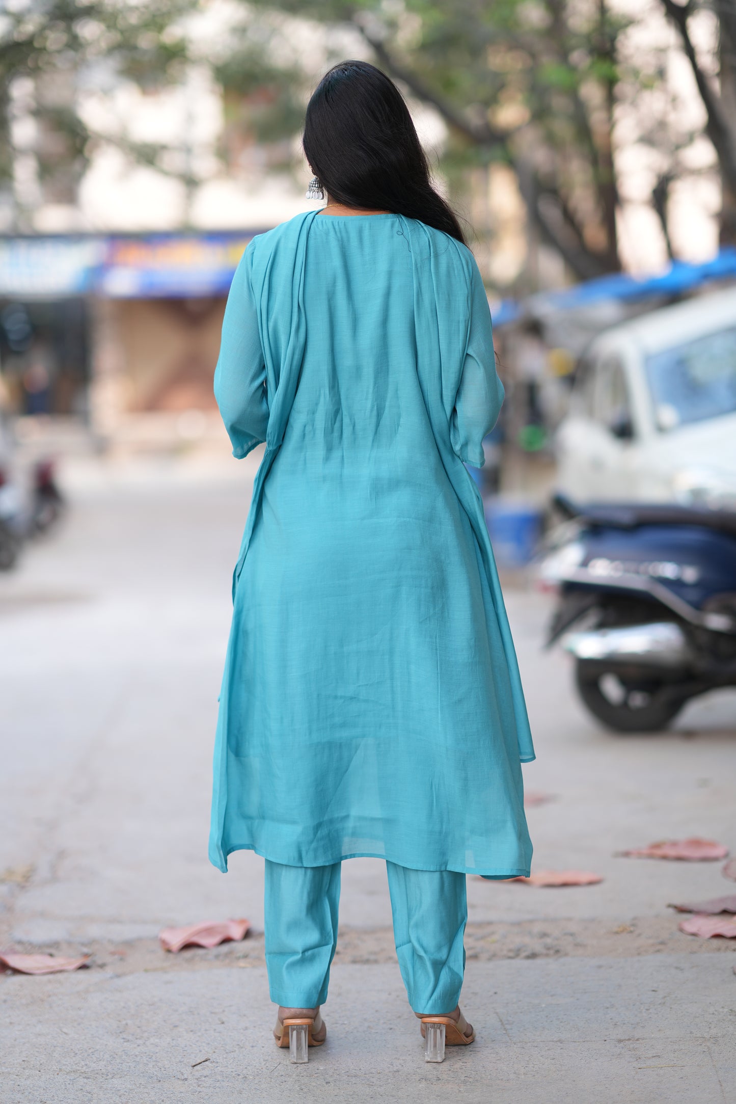 Teal Blue Color Mul Chandheri Designer 3 Piece Set With Complete Lining