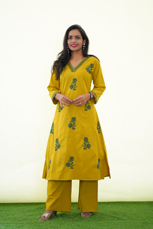 Mustard Yellow Jaipur Cotton Cordset With Embroidery work
