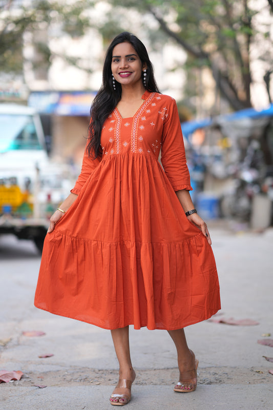 Jaipur Cotton Orange Colour Frock With Embroidery Work